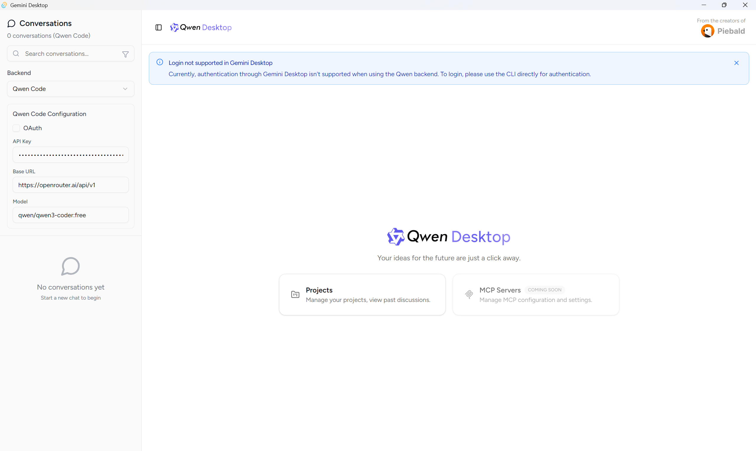 Screenshot of Gemini CLI Desktop for Qwen Code