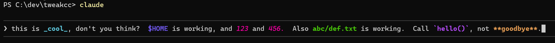 Input box highlighting environment variables, file paths, numbers, and markdown constructs