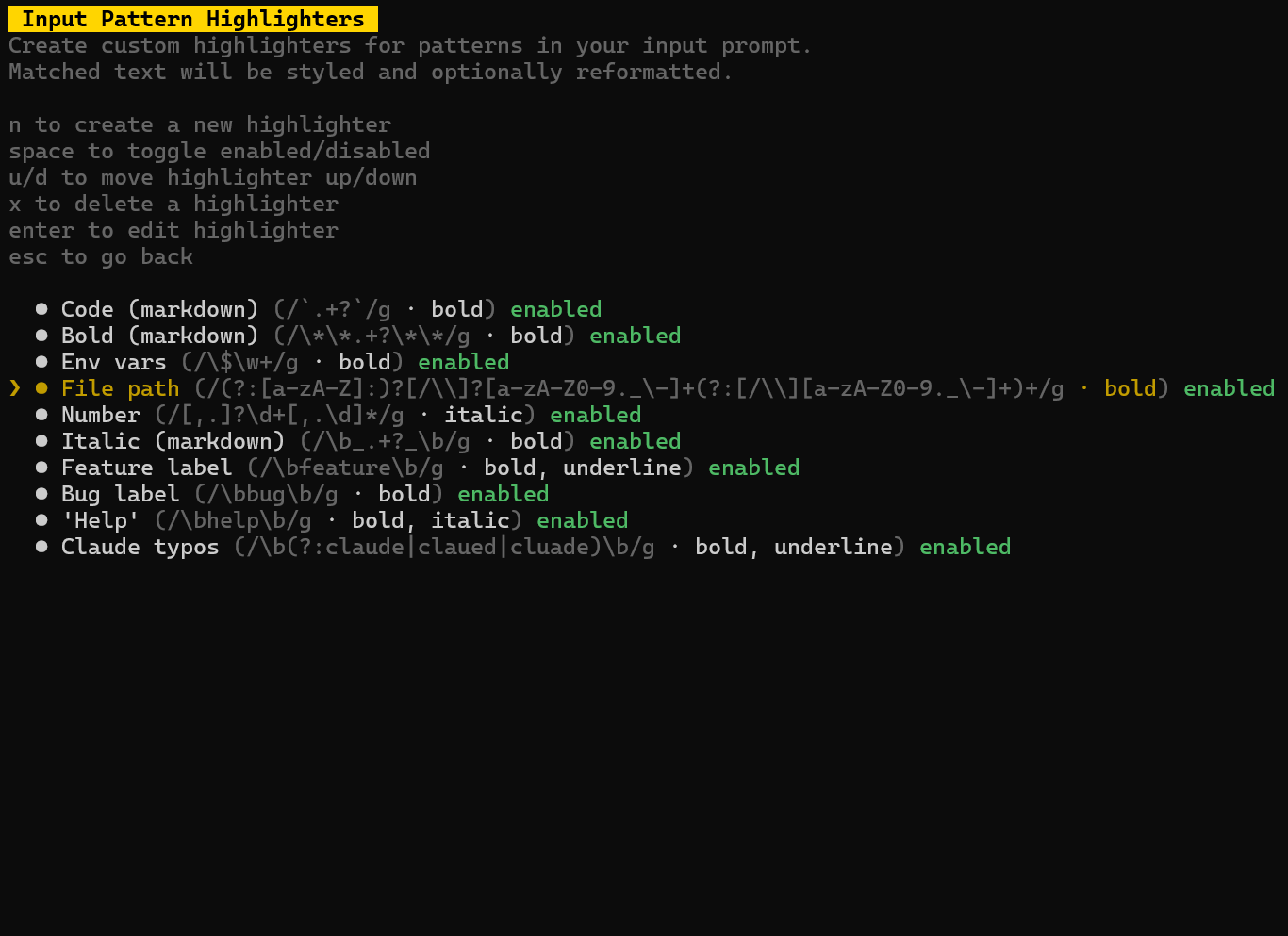 Input pattern highlighters listing view showing configured patterns