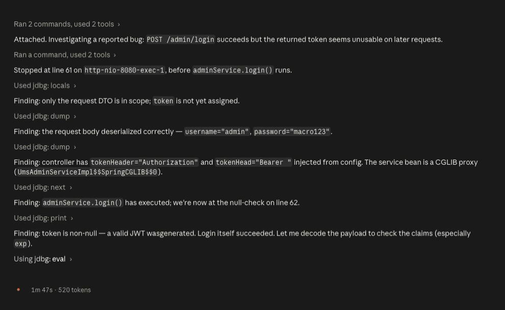 jdbg debugging a Java program from an agent workflow