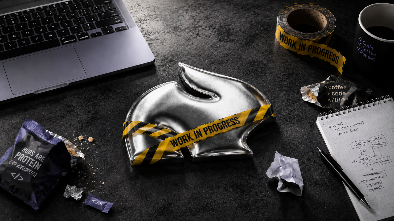 A metallic Pika logo wrapped in 'work in progress' caution tape on a dark developer desk surrounded by code-themed snack wrappers, a notebook with pseudocode, a laptop, and a coffee mug