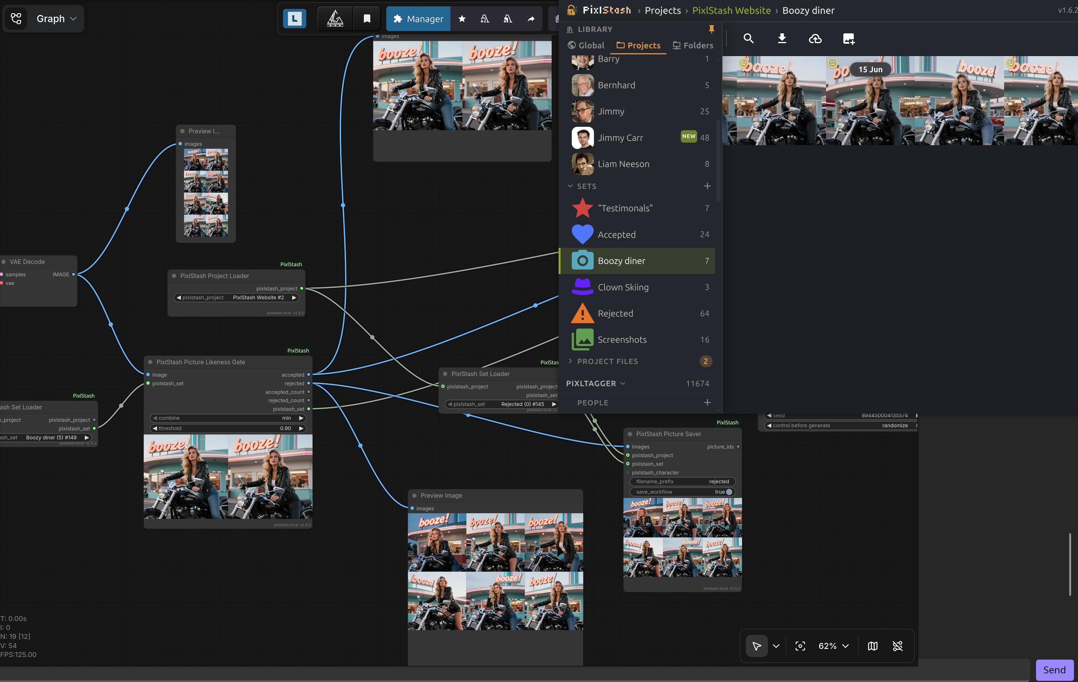 Generate a batch, gate against a reference picture set, then upscale and save the matches