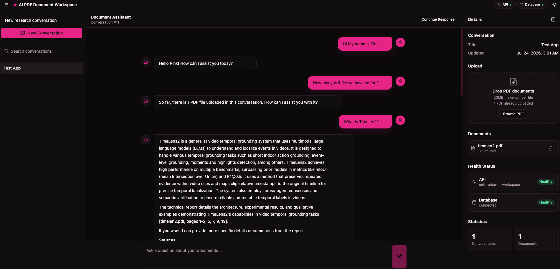 AI Document Workspace application in dark mode