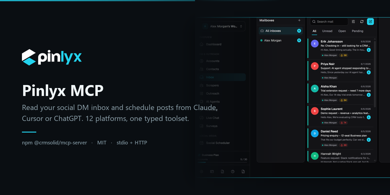 Pinlyx MCP: read your social DM inbox and schedule posts from Claude, Cursor or ChatGPT