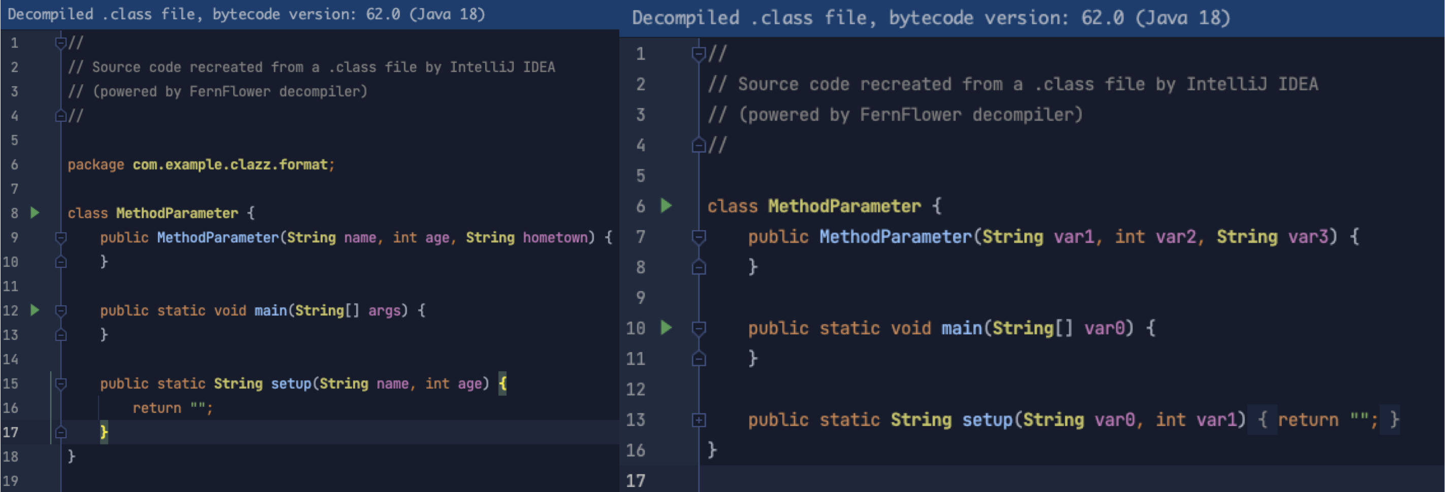 左图 Class 文件包含 MethodParameters, 右图不包含