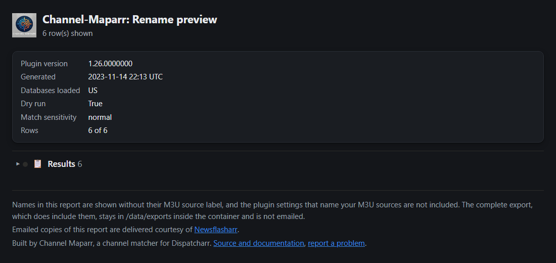 A Channel Mapparr rename preview report as it opens: the logo beside the title, a summary card listing plugin version, generation time, databases loaded, dry-run state, match sensitivity and row count, and below it a single collapsed section headed Results with a row count of 6