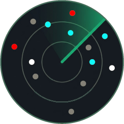 The Dustarr logo: a dark radar scope with a green sweep line and coloured blips scattered across it