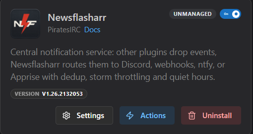 The Newsflasharr plugin card in Dispatcharr, showing the version and the Settings, Actions and Uninstall buttons