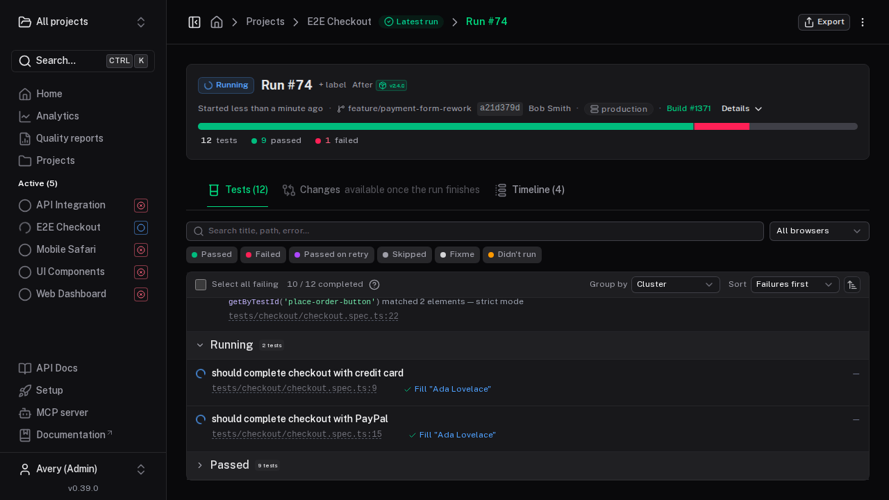 A test run streaming live into Piwi Dashboard