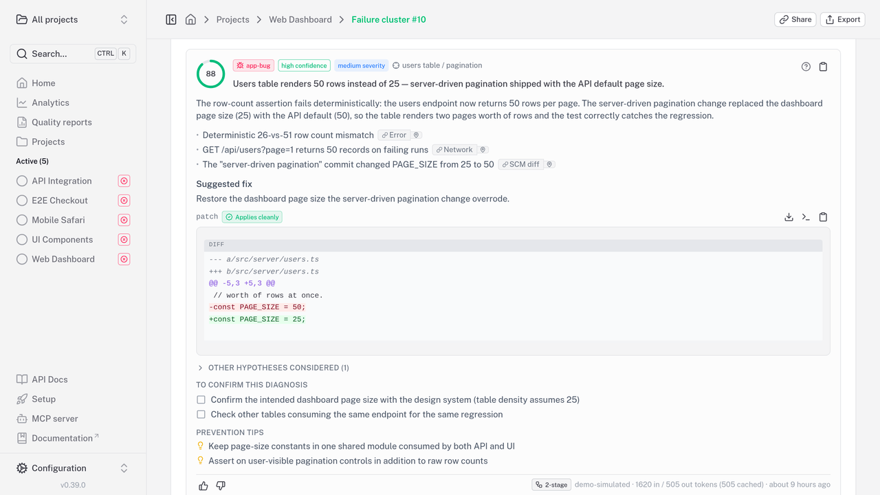 An AI diagnosis with its evidence and a patch that applies cleanly