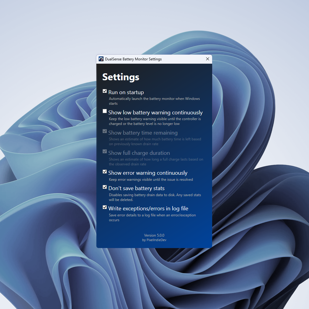 Zoomed in image of the DualSense Battery Monitor Settings using version 4.0.0 of the application