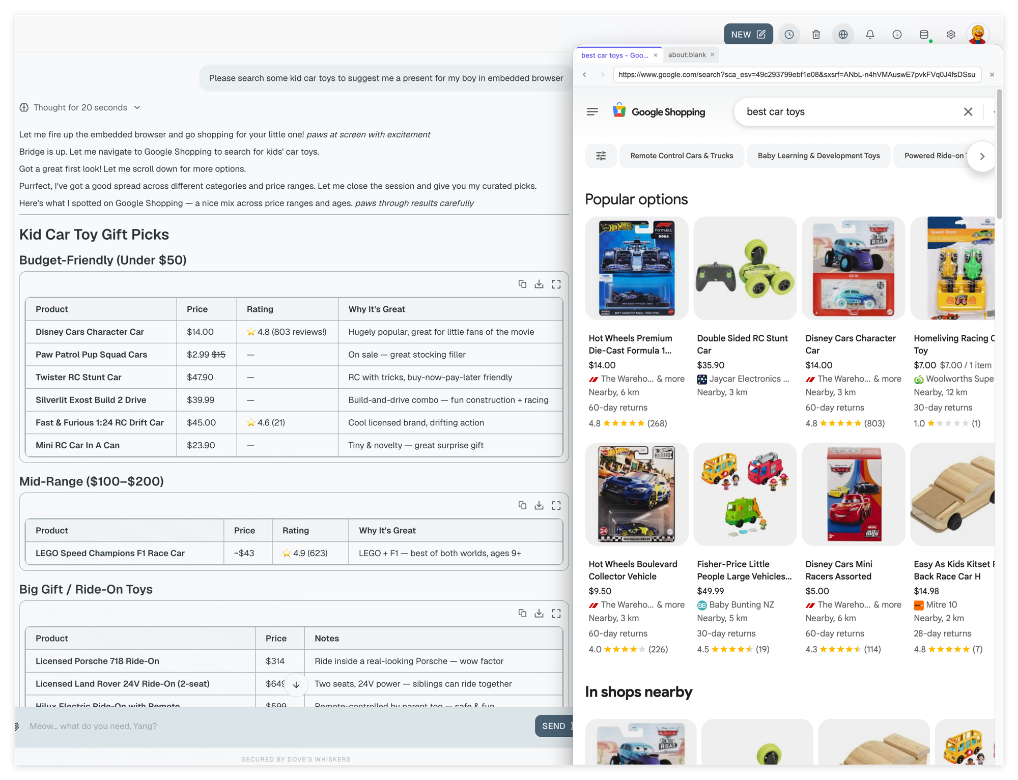 Embedded browser running alongside chat