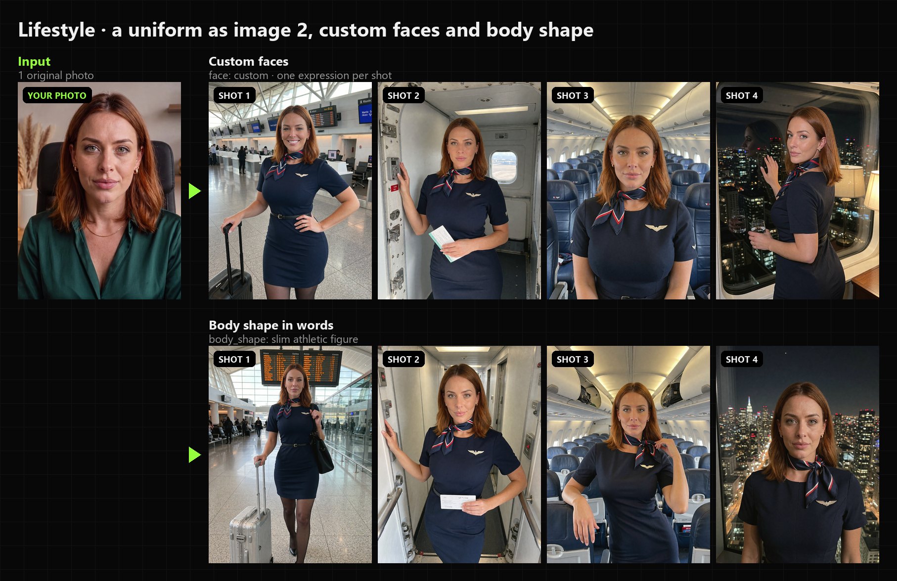 Flight attendant set with custom faces and body shape
