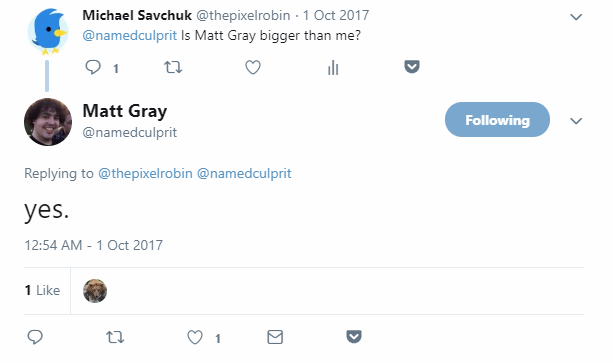 Twitter screenshot of someone asking the parady account "Is Matt Gray bigger than me" and getting the response "yes"