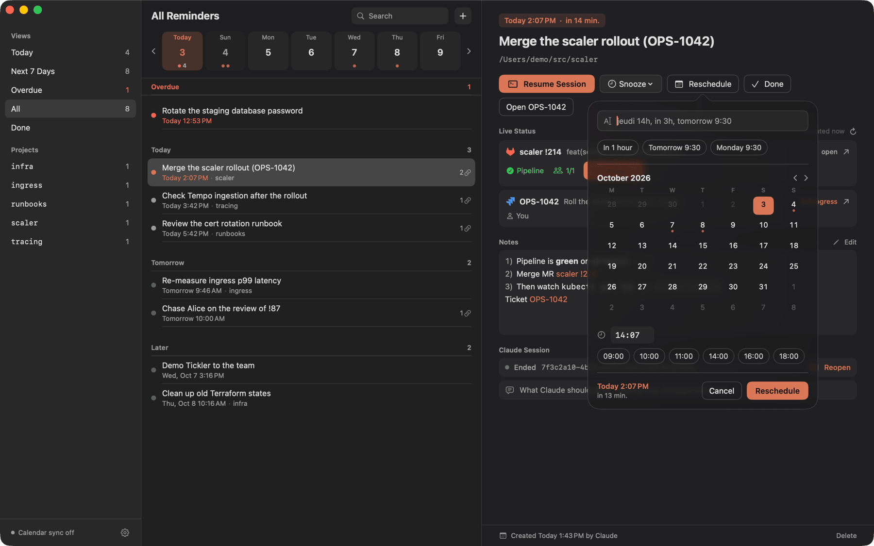Reschedule popover with quick picks and a calendar
