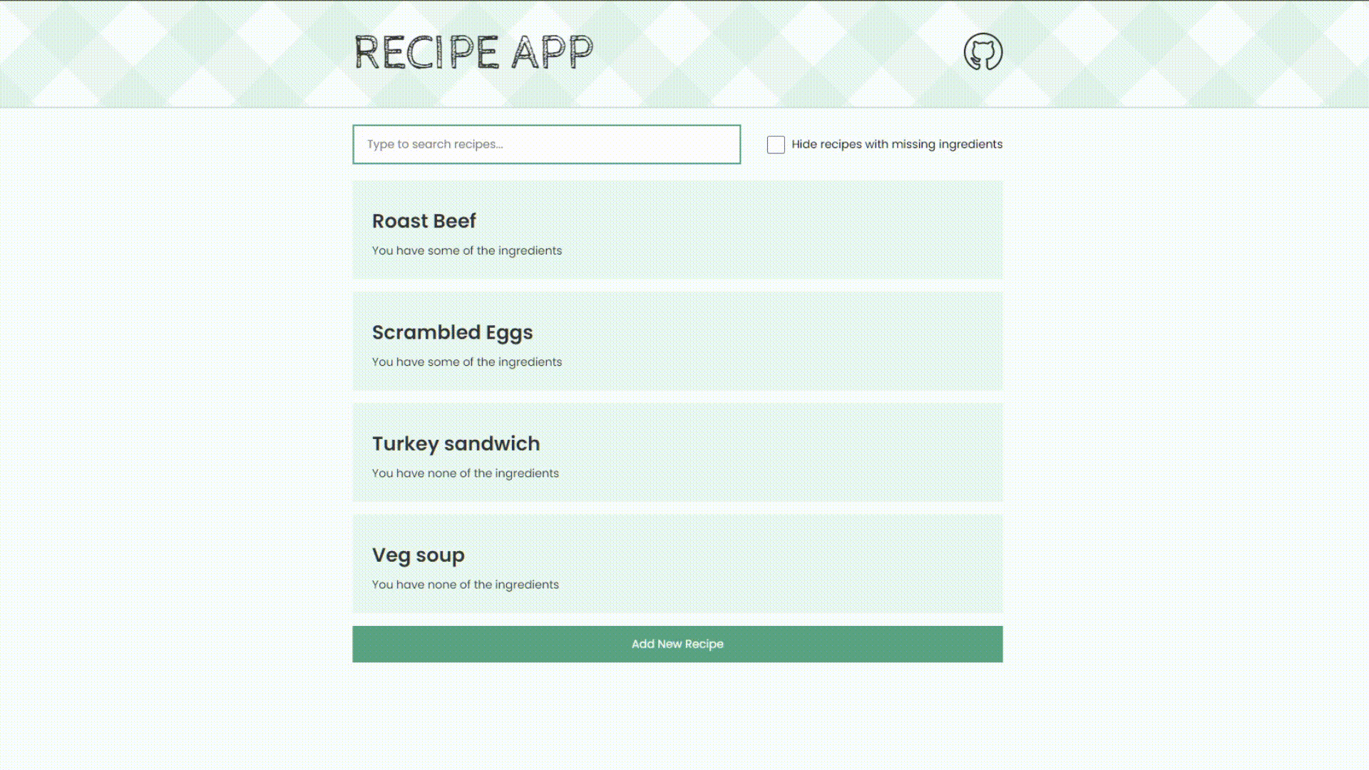 Recipe app homepage