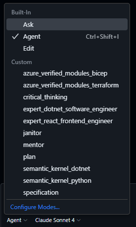 Select a custom chat mode in Visual Studio Code
