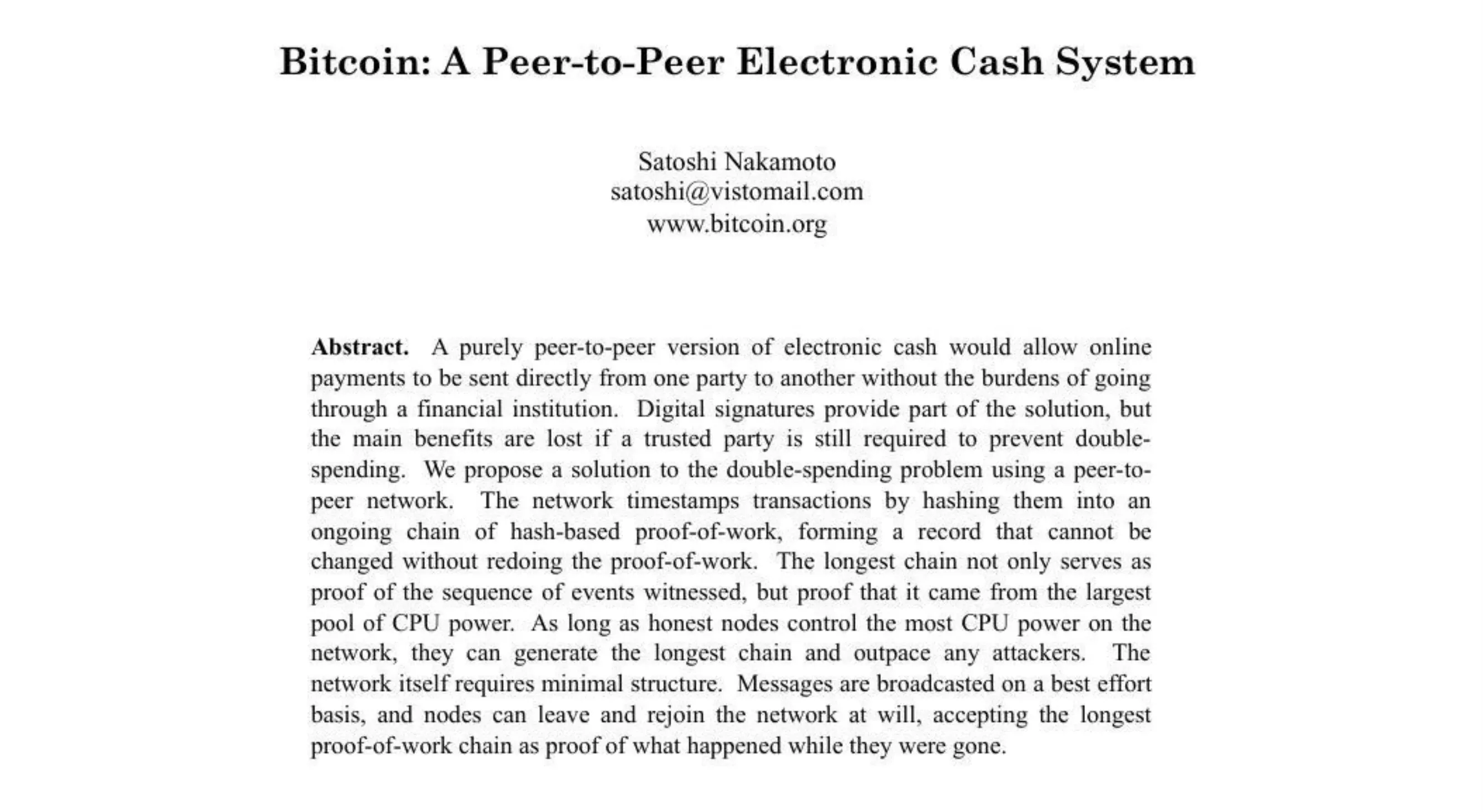 Title and summary of the first version of the white paper (October 2008)