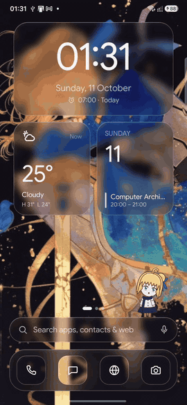 Swiping pages, opening a folder, the app drawer and search