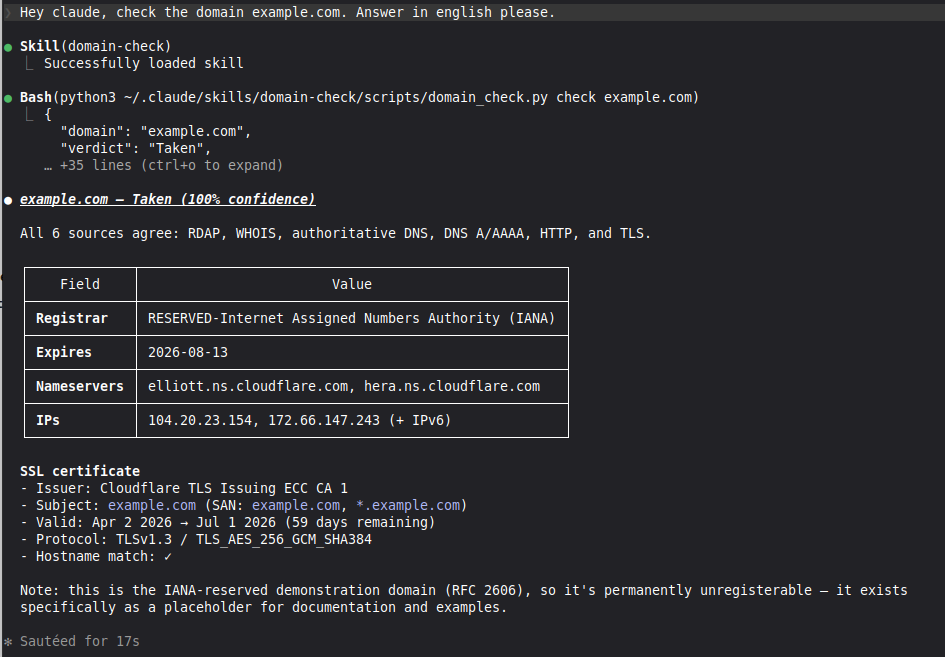 Single domain check showing verdict, registrar, expiry, nameservers, IPs and full SSL certificate