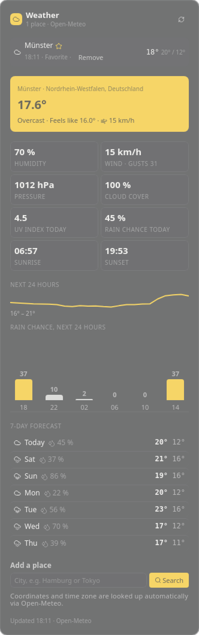 The weather flyout: current conditions, hourly curve, rain chance and a seven-day forecast