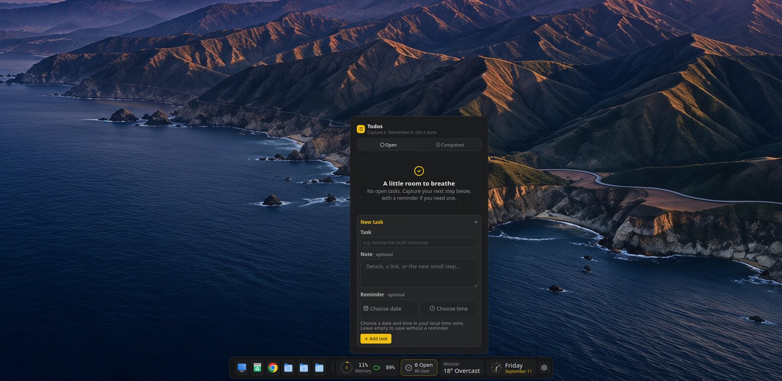smabar at the bottom edge of a desktop, the Todos flyout open above it