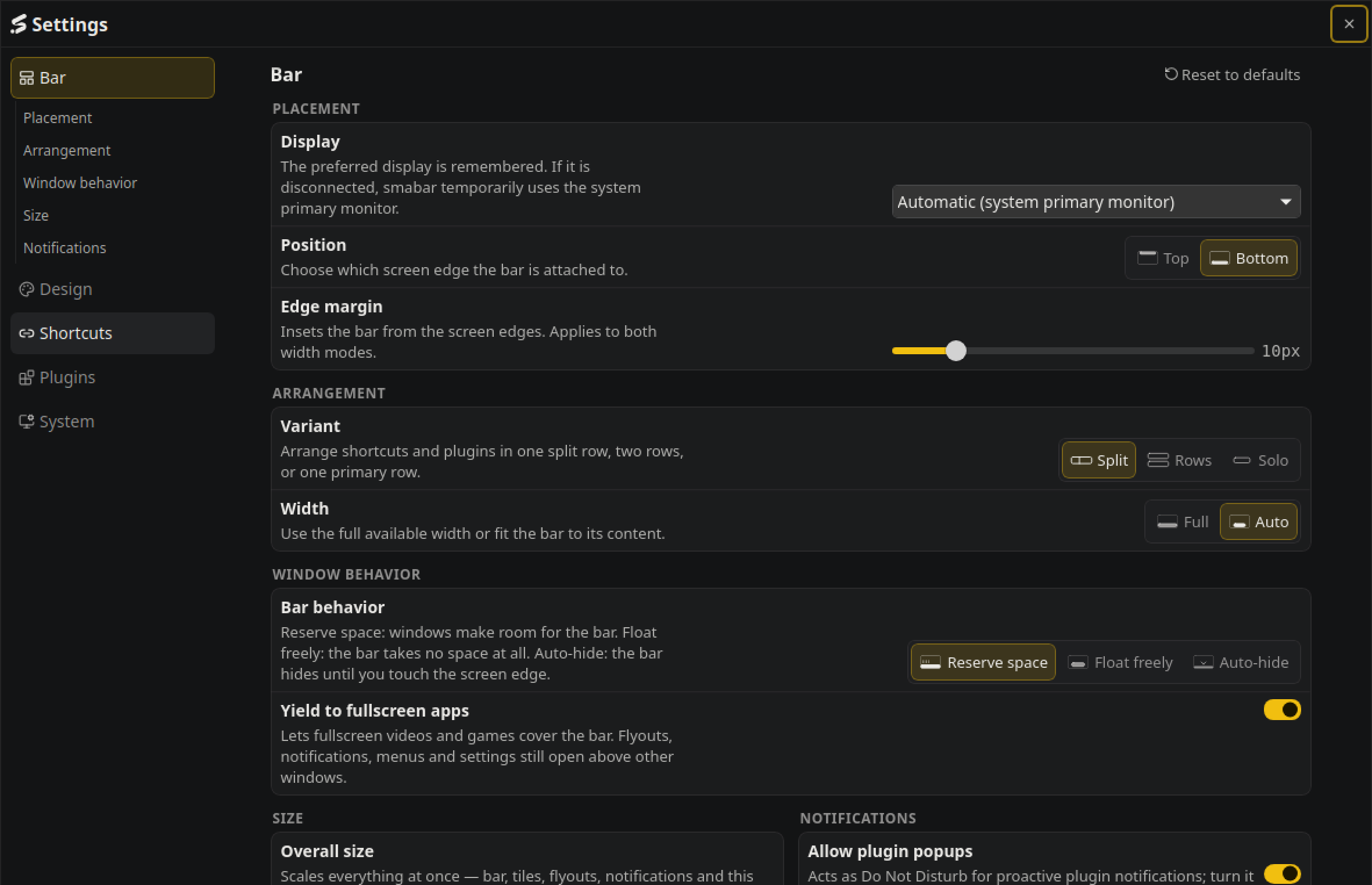Settings: Bar