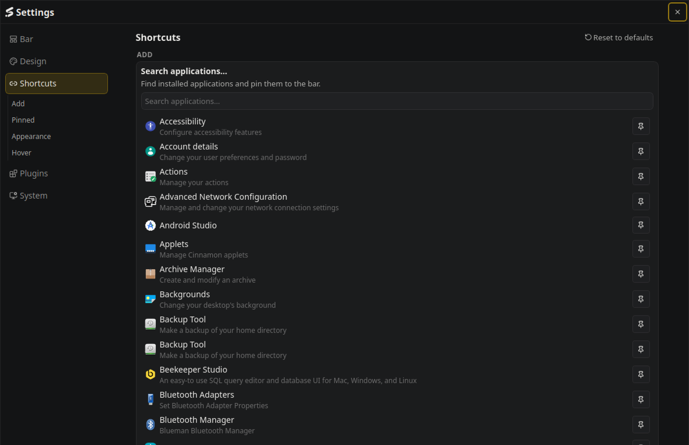 Settings: Shortcuts