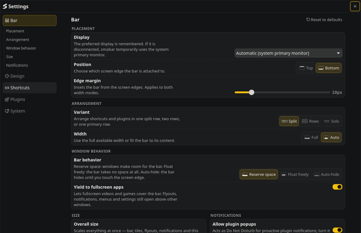 The five settings pages in turn: Bar, Design, Shortcuts, Plugins, System