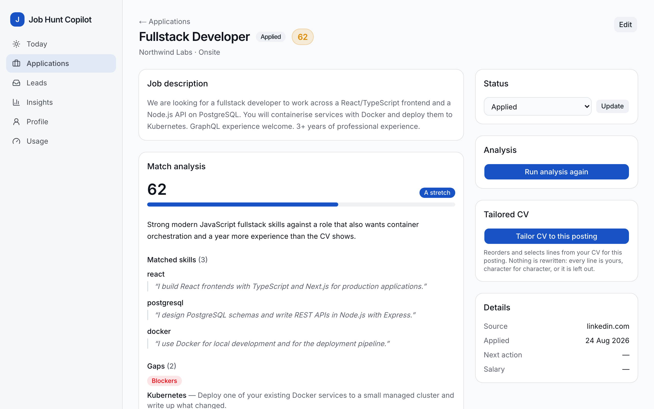 Job Hunt Copilot β analysis view with match score, quoted CV evidence and gaps