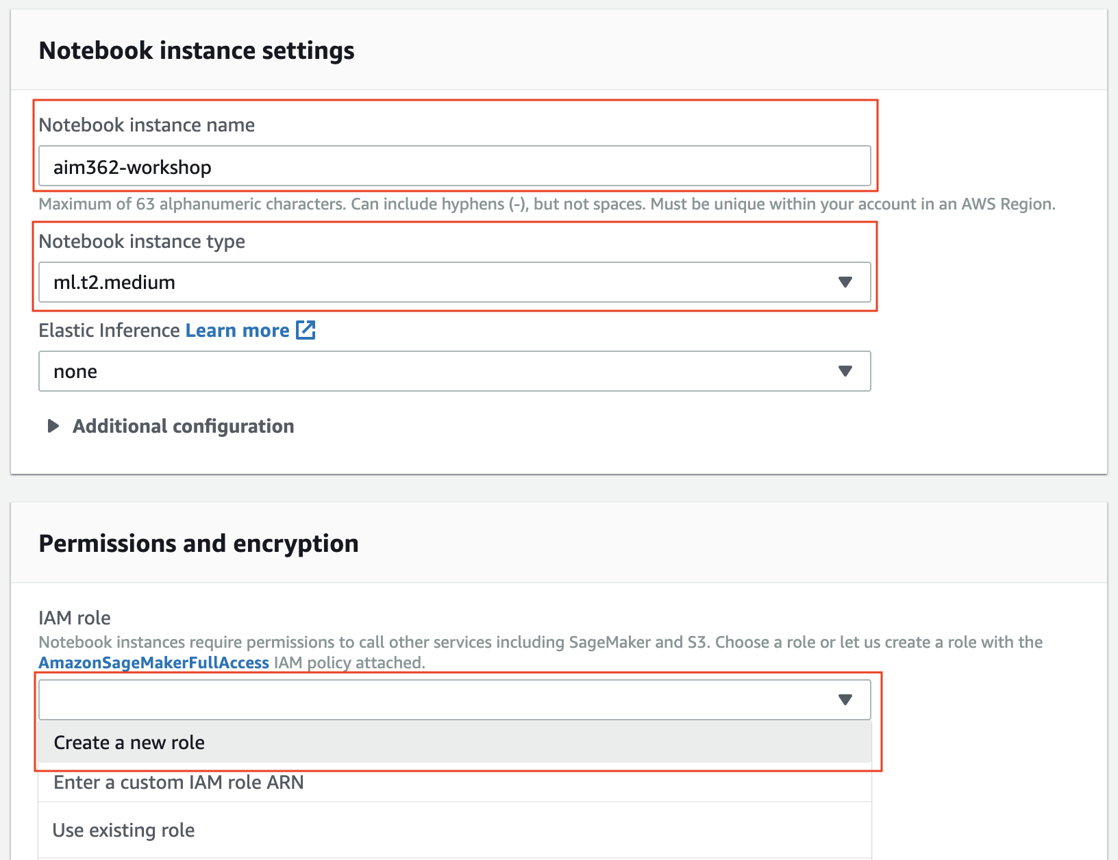 Create Notebook Instance screen