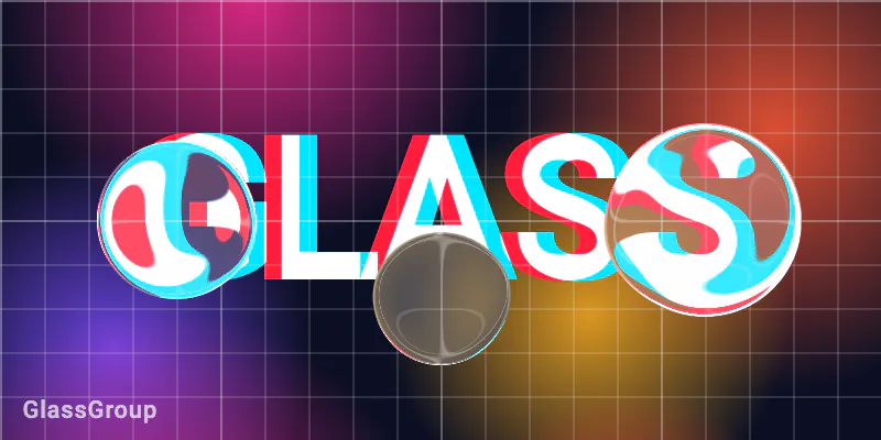 GlassGroup: three clear glass blobs orbit over the word GLASS and fuse into one silhouette where they meet