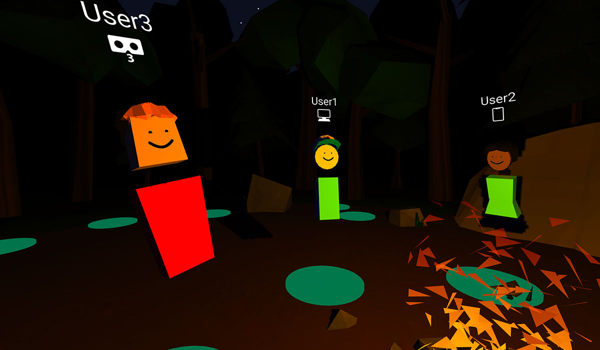 Screenshot of 3D avatars around the campfire in CIRCLES