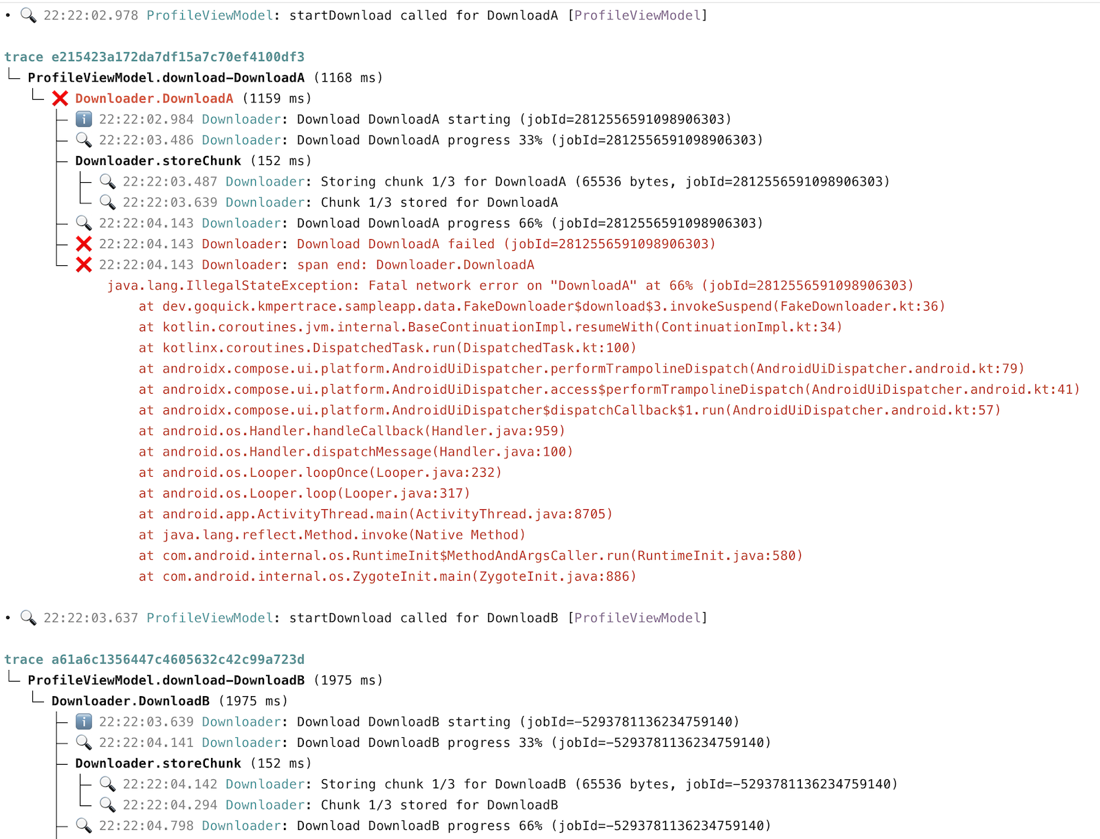 KmperTrace CLI output showing overlapping downloads with errors and stack trace