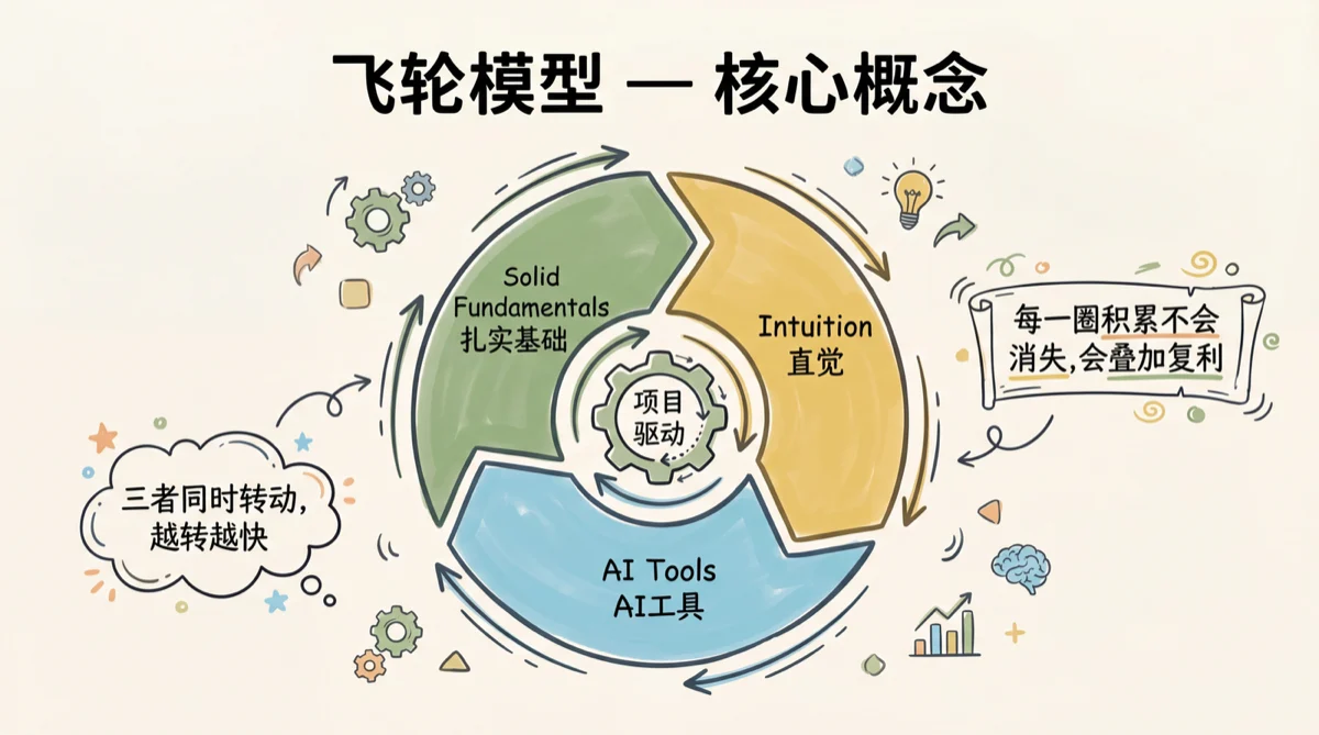 Flywheel learning model in the warm paper and sketch-note style shared across a ten-slide deck