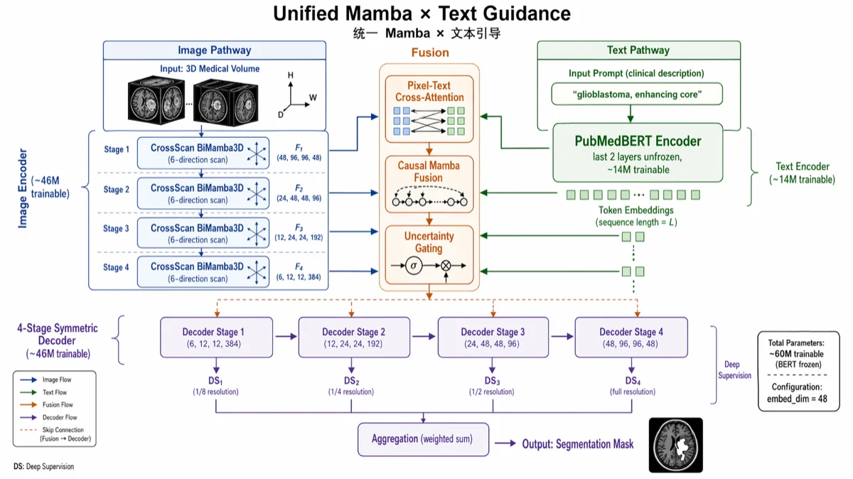 TextMamba3D academic architecture diagram with image and text branches, fusion stages and a segmentation decoder