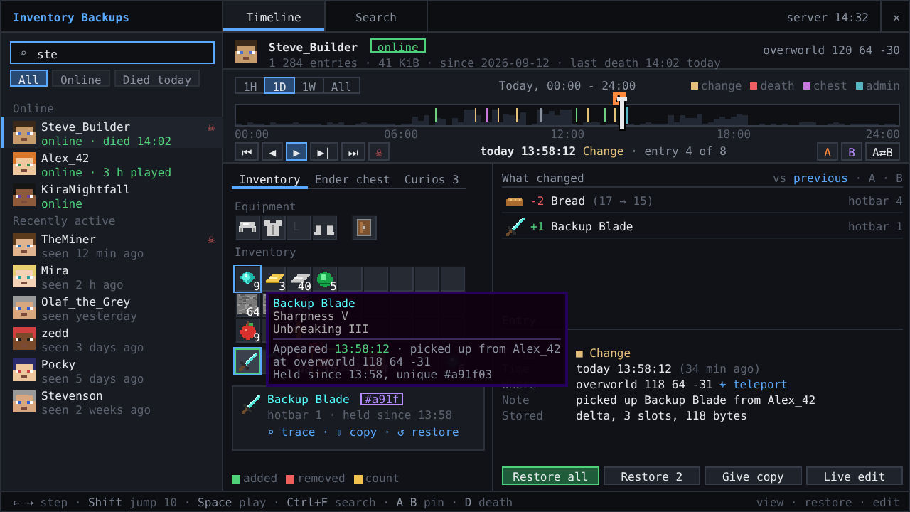 The admin screen: timeline, inventory at the selected moment and what changed