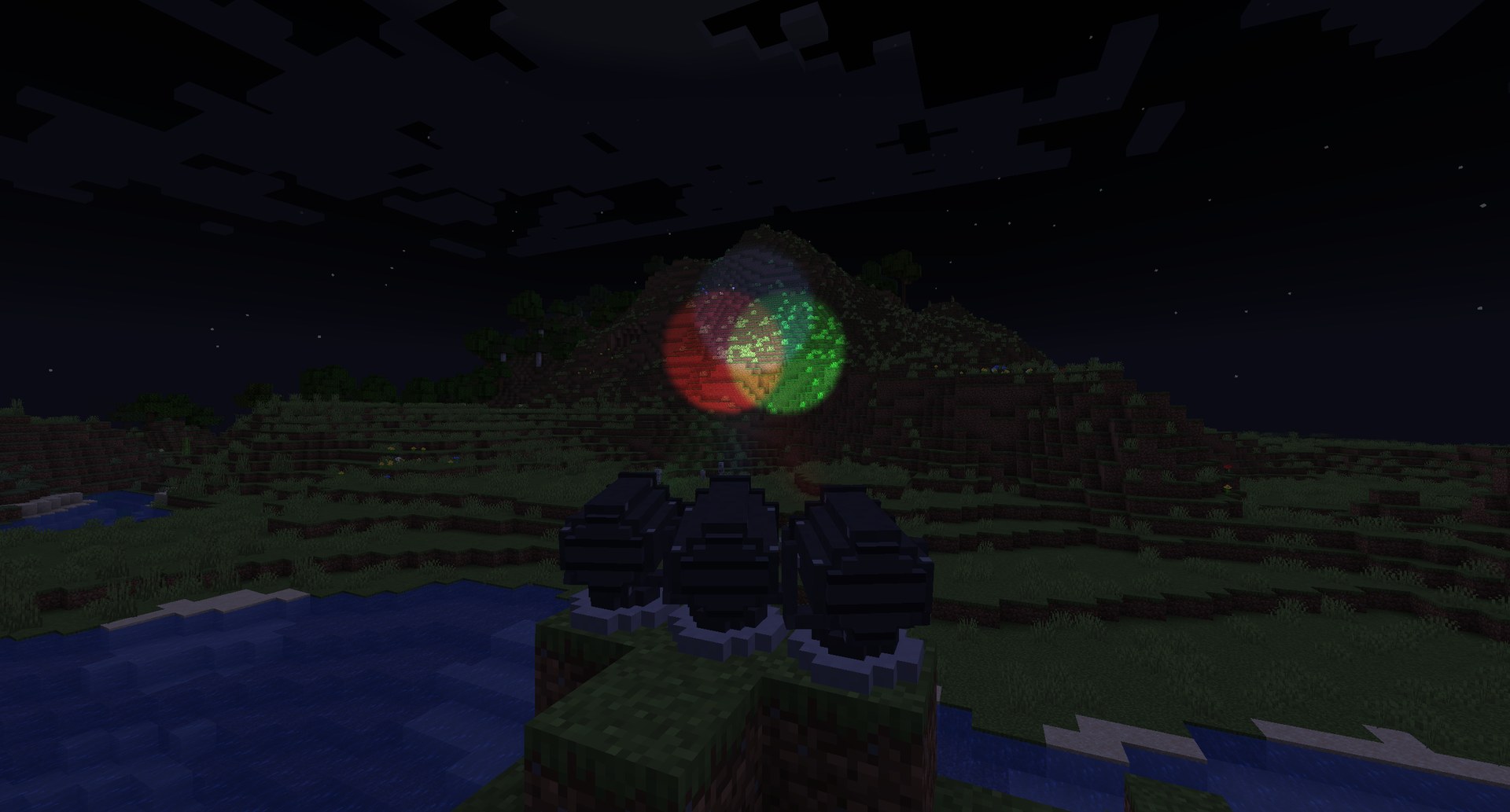 Colored beams in the night sky: colors mix like light