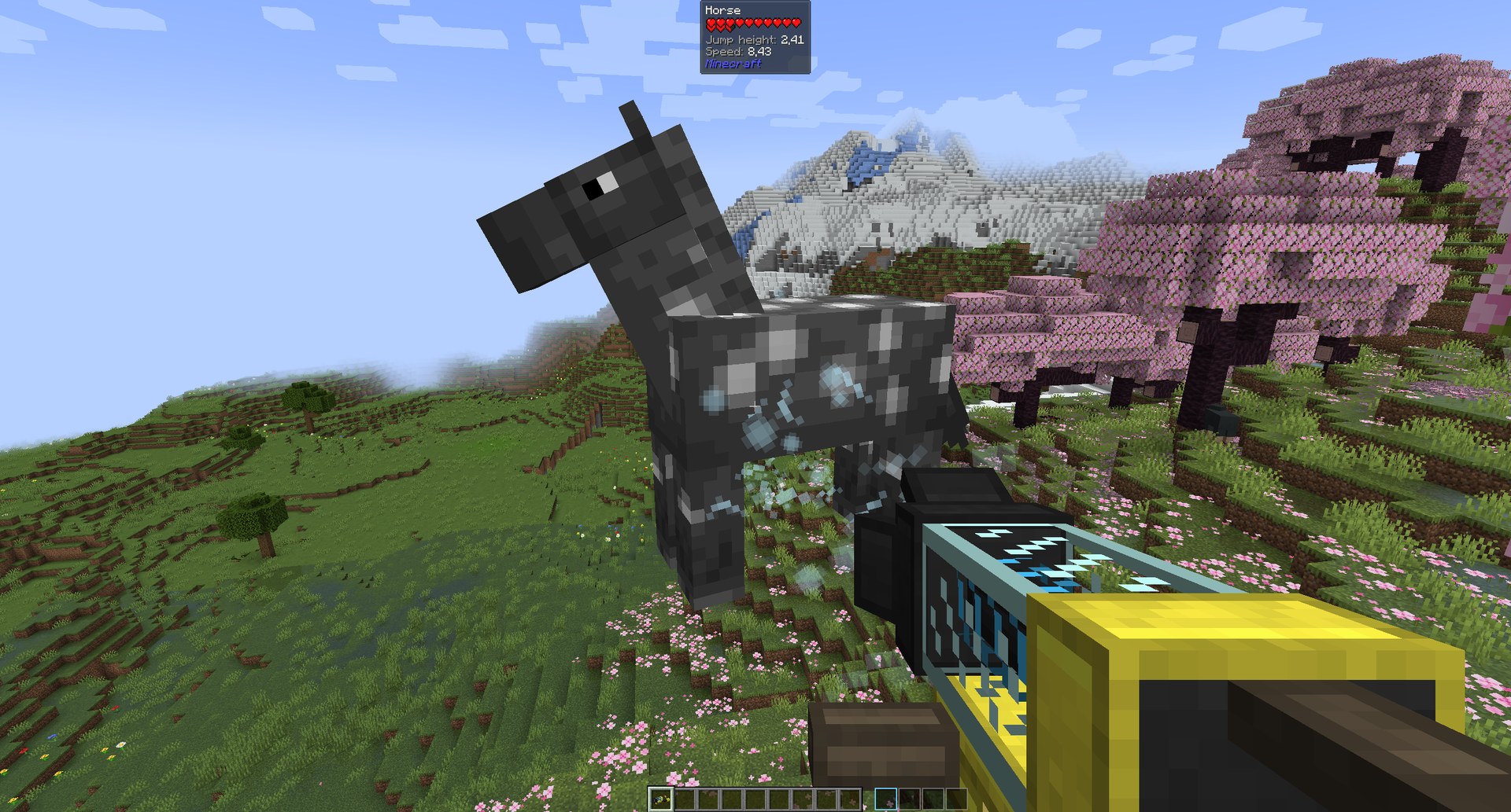 A horse too big for the tank floats in the air stream