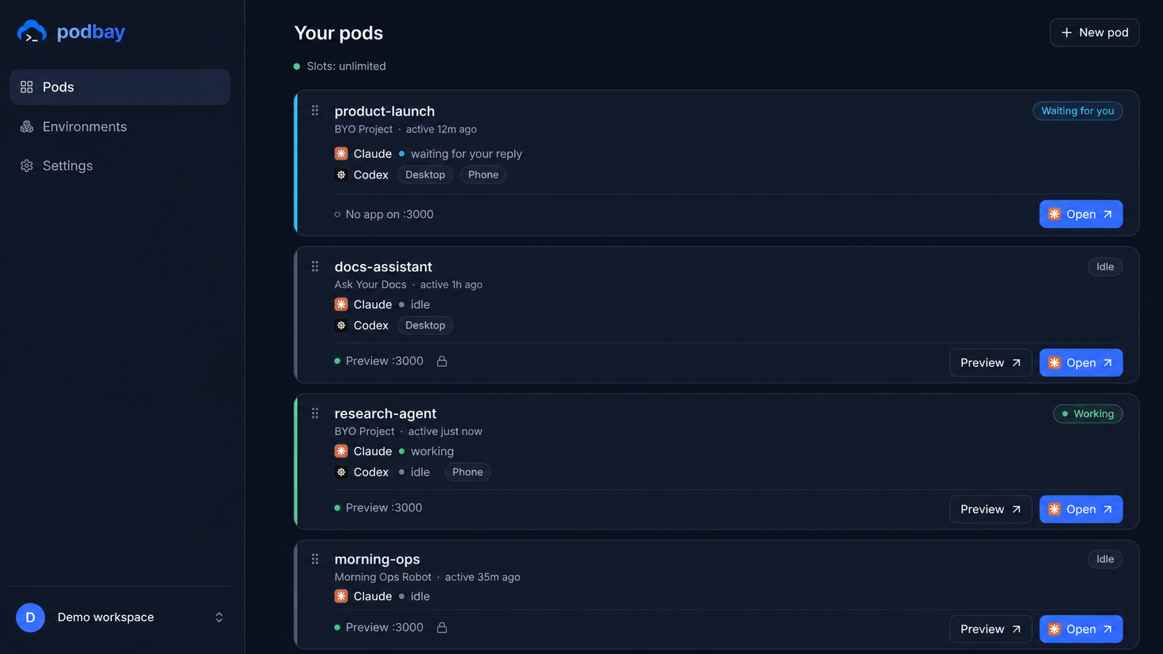Podbay dashboard showing persistent pods, agent activity, app previews, and connected devices