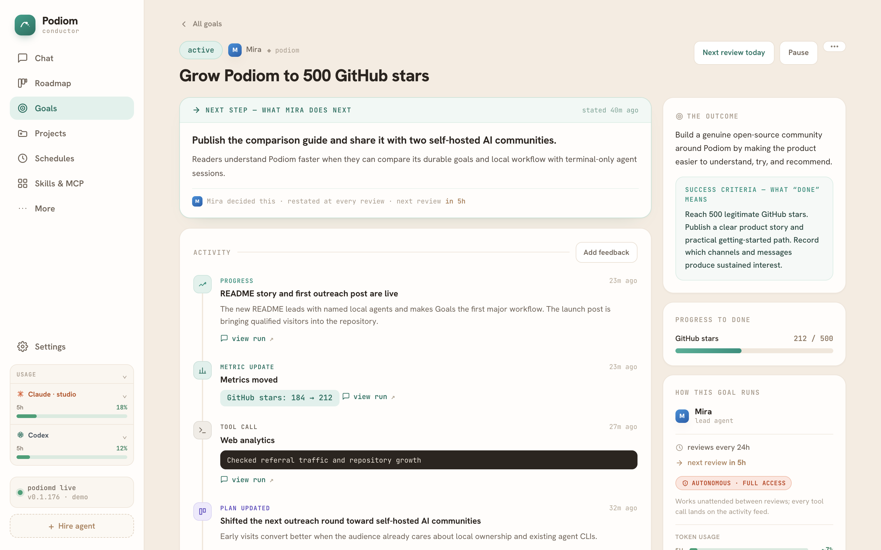 A Podiom goal with success criteria, a progress metric, and an auditable activity timeline