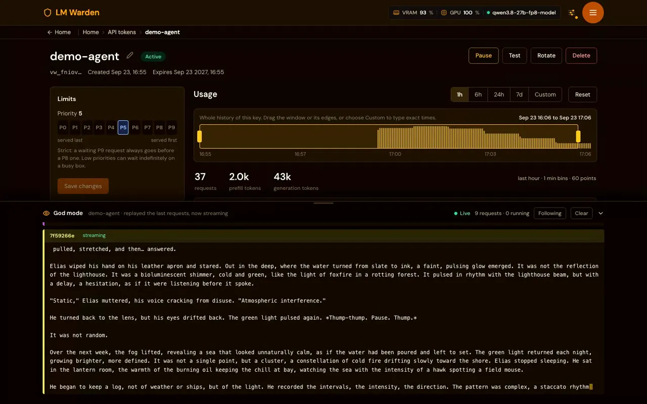 The god-mode dock open at the bottom of a key's page, live, replaying that key's recent requests and streaming a response as it is generated