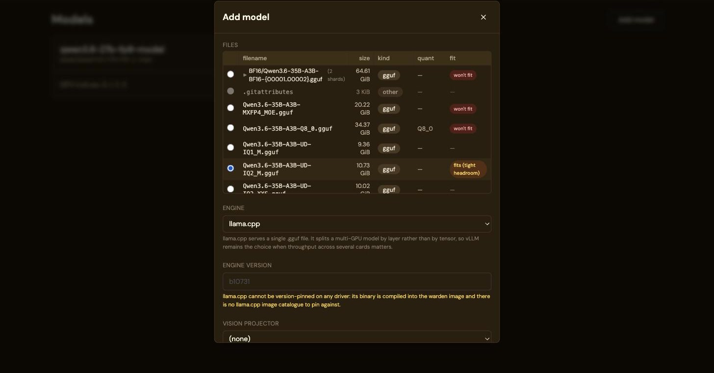 Add model: every quant of a 35B GGUF repo, each marked fits or won't fit