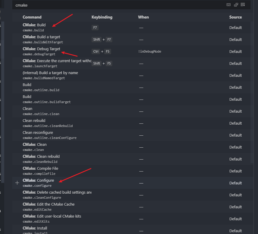 cmake keyboard shortcuts