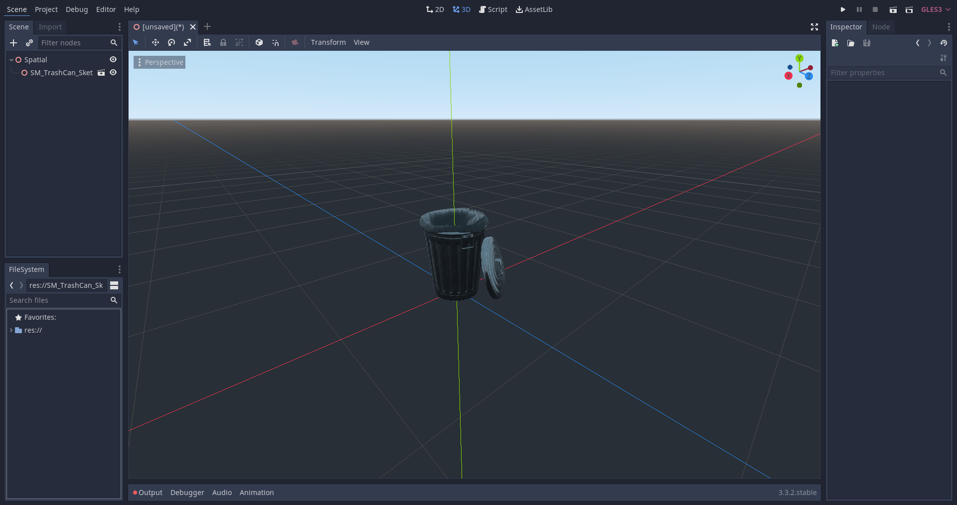 Screenshot of a 3D scene in the TrashDot Engine editor