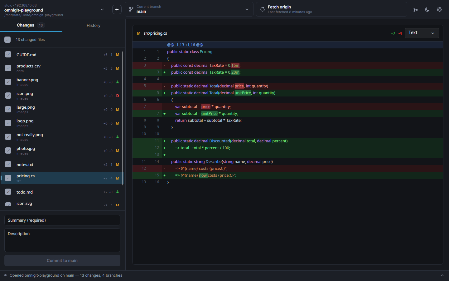 Changes tab, dark theme