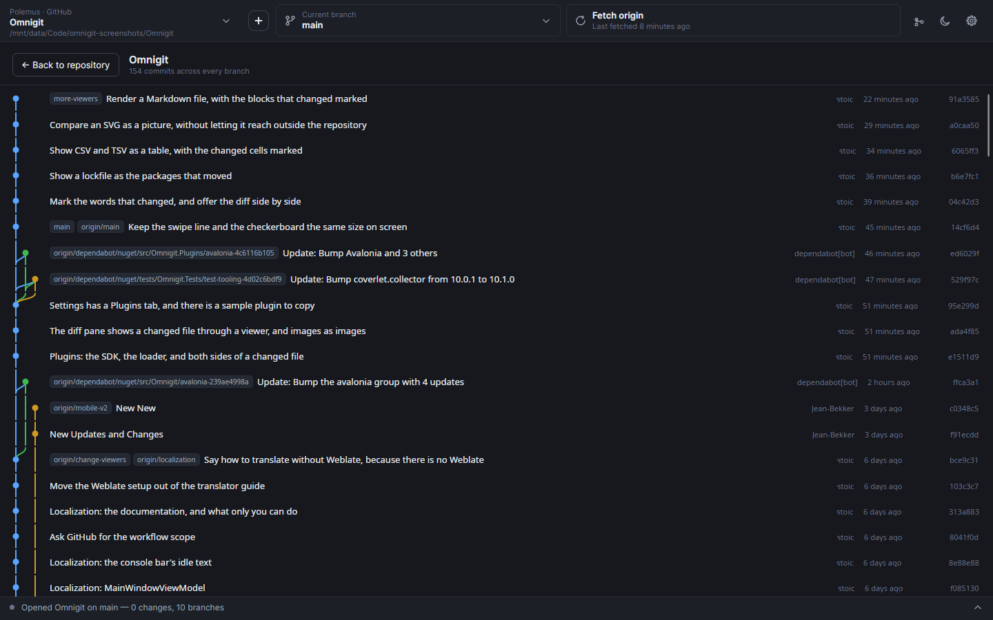 Commit graph, dark theme
