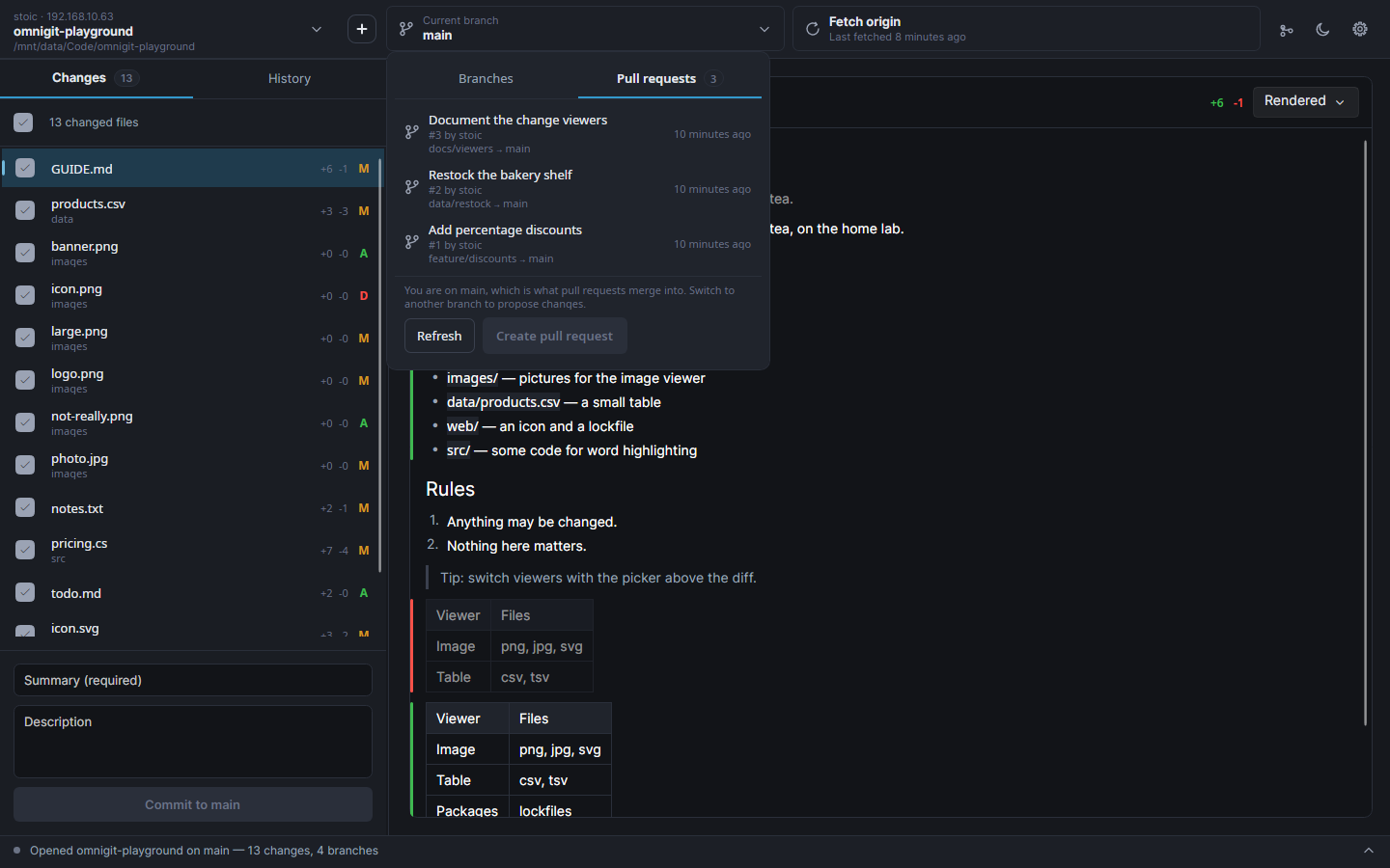 Pull requests, dark theme