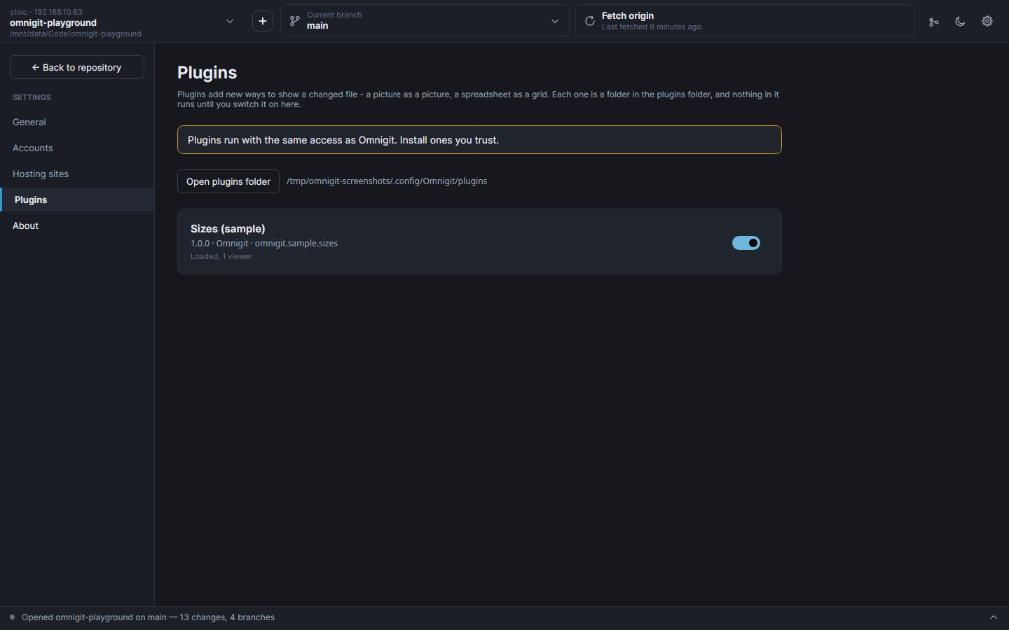 Settings, plugins