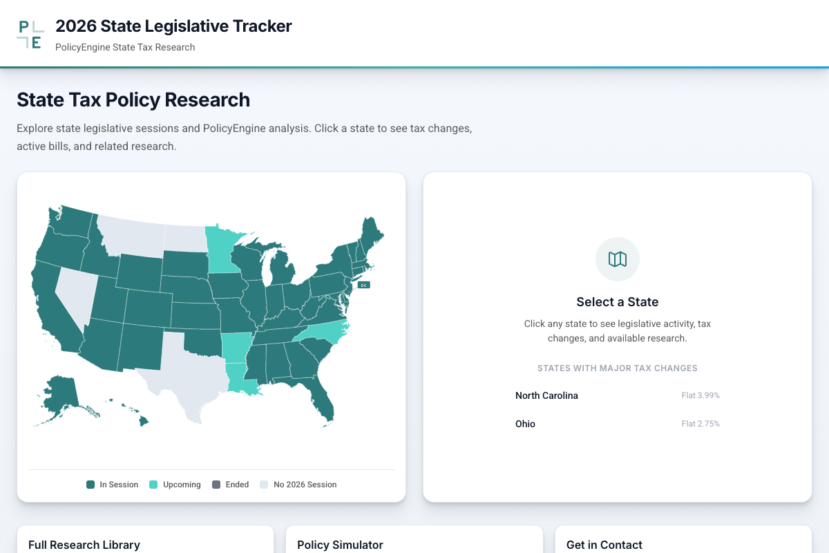 2026 State Legislative Tracker showing US map with state session status